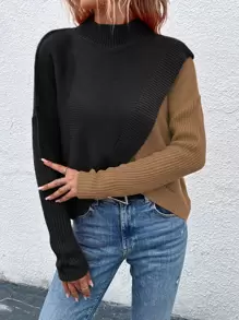 Calvaya Two Tone Overlap Hem Sweater
