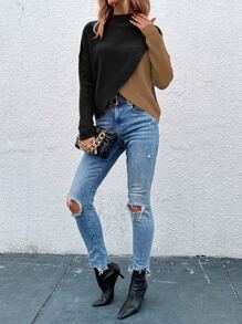 Calvaya Two Tone Overlap Hem Sweater