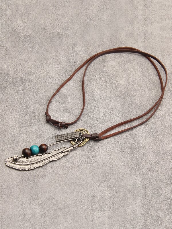 1pc Vintage Zinc Alloy Slogan Graphic Bead & Feather Pendant Necklace