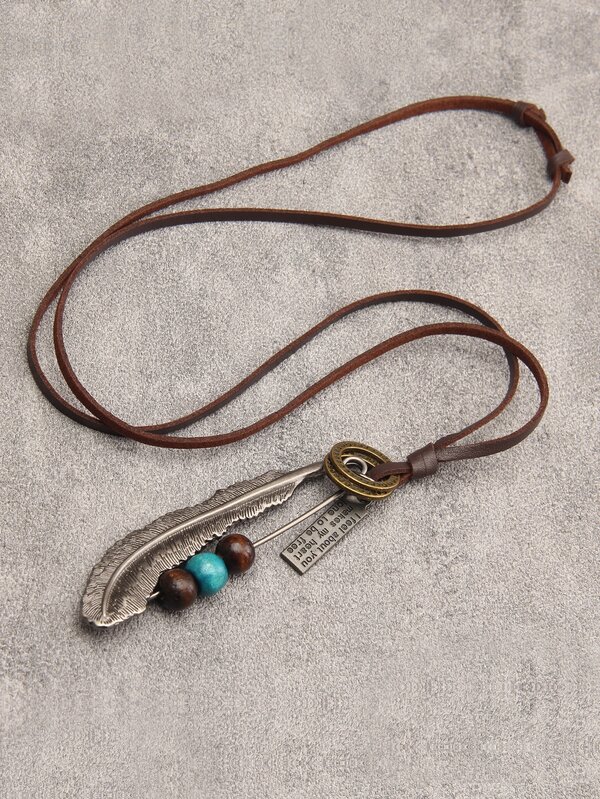 1pc Vintage Zinc Alloy Slogan Graphic Bead & Feather Pendant Necklace