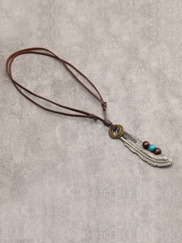 1pc Vintage Zinc Alloy Slogan Graphic Bead & Feather Pendant Necklace