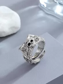 Moda y popular Hombres Anillo abierto con diseño de murciélago y decoración de calavera, material de aleación de estilo punk hip pop para vacaciones y para una apariencia elegante - Plata antigua - Ver 1