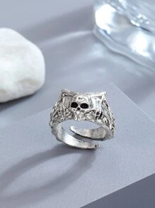 Moda y popular Hombres Anillo abierto con diseño de murciélago y decoración de calavera, material de aleación de estilo punk hip pop para vacaciones y para una apariencia elegante - Plata antigua - Ver 4