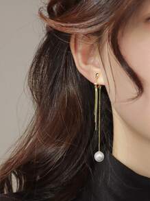 Faux Pearl & Chain Tassel Decor Clip On Earrings - Yellow Gold - View 1