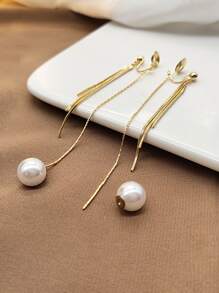 Faux Pearl & Chain Tassel Decor Clip On Earrings - Yellow Gold - View 2