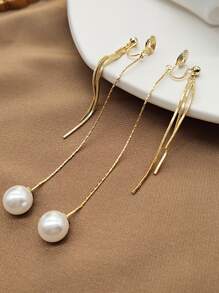 Faux Pearl & Chain Tassel Decor Clip On Earrings - Yellow Gold - View 3