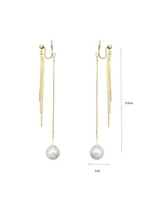 Faux Pearl & Chain Tassel Decor Clip On Earrings - Yellow Gold - View 4