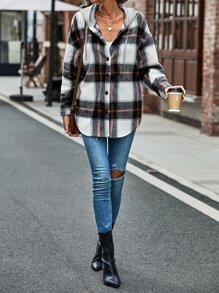 SHEIN LUNE Plaid Drop Shoulder Drawstring Hooded Coat - Multicolor - View 6