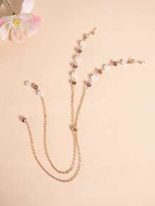 Faux Pearl & Crystal Decor Face Covering Chain - Mauve Purple - View 2