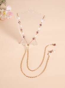 Faux Pearl & Crystal Decor Face Covering Chain - Mauve Purple - View 3