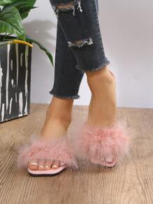 Chicken Feather Fuzzy Panel Single Band Slide Sandals
