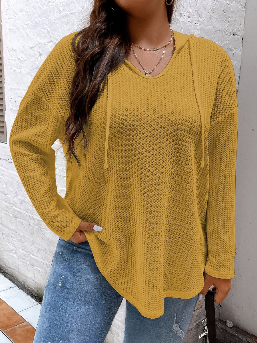 SHEIN LUNE 加大码华夫格针织落肩卫衣 - 芥末黃 - 查看 1