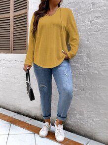 SHEIN LUNE 加大码华夫格针织落肩卫衣 - 芥末黃 - 查看 3