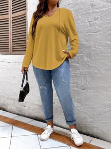 SHEIN LUNE 加大码华夫格针织落肩卫衣 - 芥末黃 - 查看 4