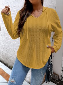 SHEIN LUNE 加大码华夫格针织落肩卫衣 - 芥末黃 - 查看 5