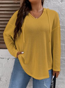 SHEIN LUNE 加大码华夫格针织落肩卫衣 - 芥末黃 - 查看 6