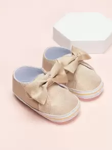 學院金色樂福鞋適用於女孩蝴蝶結裝飾針腳細節平底鞋