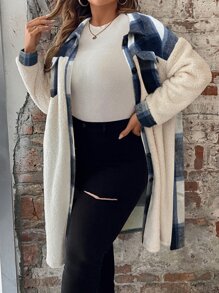 SHEIN LUNE Plus Plaid Flap Pocket Drop Shoulder Coat - Multicolor - View 1