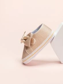 學院金色樂福鞋適用於女孩蝴蝶結裝飾針腳細節平底鞋