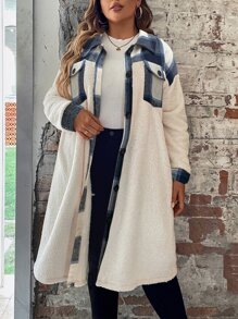SHEIN LUNE Plus Plaid Flap Pocket Drop Shoulder Coat - Multicolor - View 3