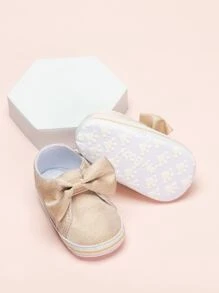 學院金色樂福鞋適用於女孩蝴蝶結裝飾針腳細節平底鞋