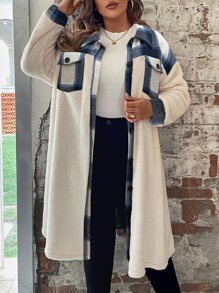 SHEIN LUNE Plus Plaid Flap Pocket Drop Shoulder Coat - Multicolor - View 4