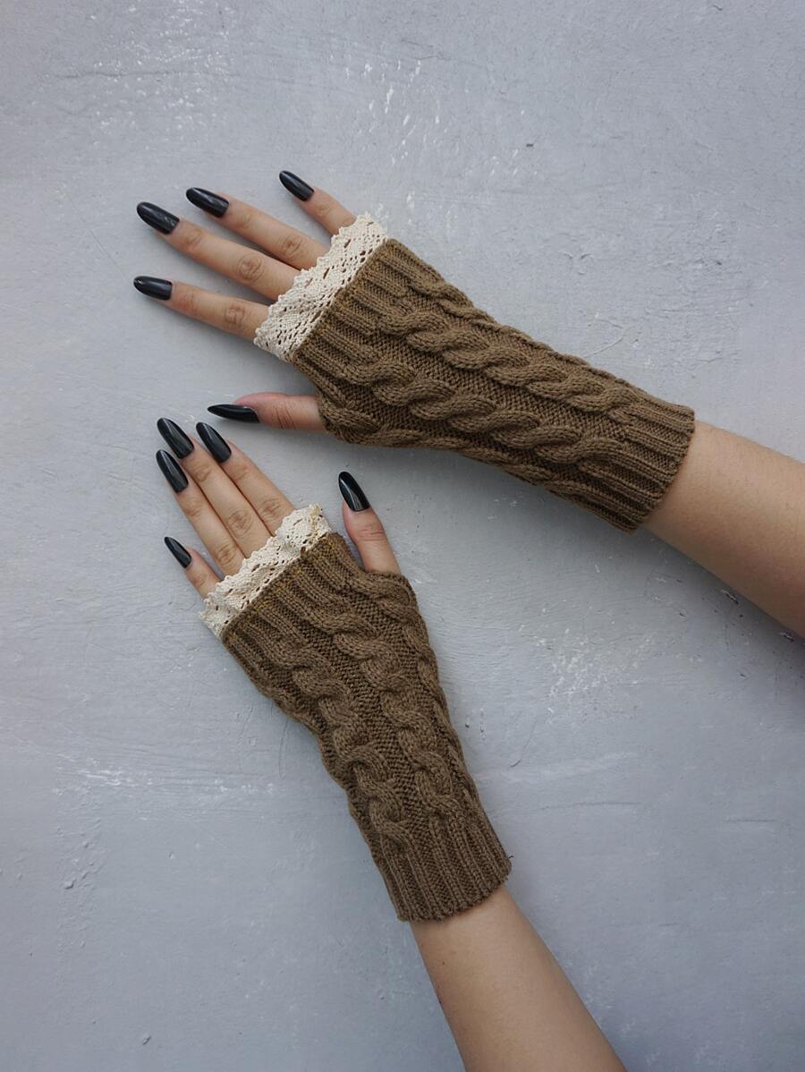 Contrast Lace Fingerless Gloves - Khaki - View 1