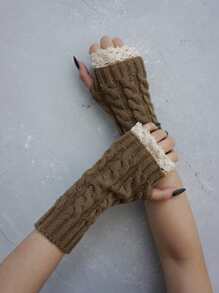 Contrast Lace Fingerless Gloves - Khaki - View 5