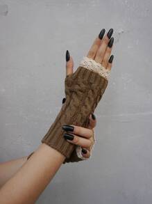 Contrast Lace Fingerless Gloves - Khaki - View 3
