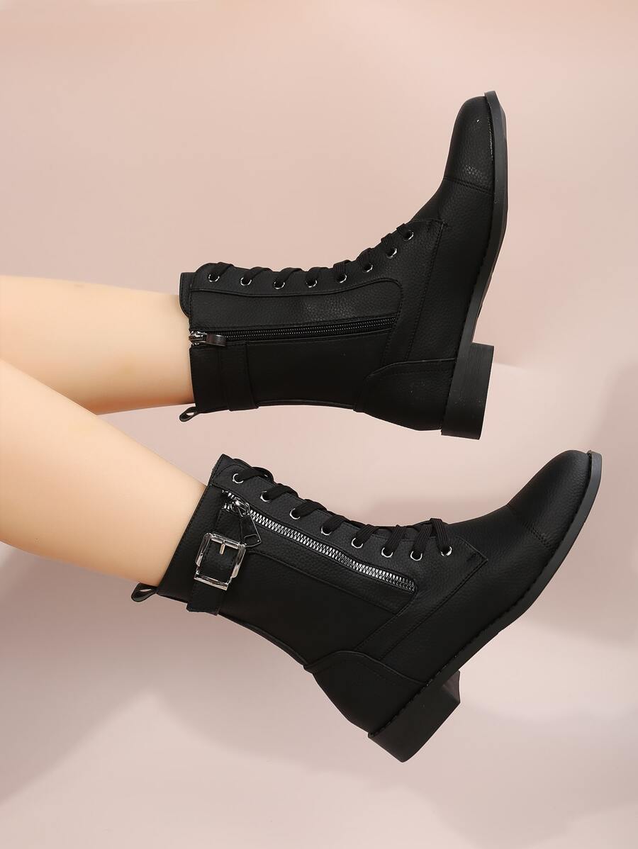 Fall/Winter New Women's Fashion Comfortable Casual Mid-Calf Lace-Up Short Boots - Black - View 1