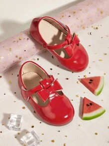 Girls Bow Decor Mary Jane Flats - Red - View 1