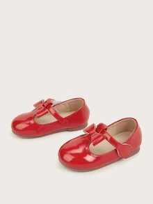 Girls Bow Decor Mary Jane Flats - Red - View 3