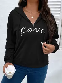 SHEIN LUNE Plus Size Letter Graphic Drawstring Sweatshirt - Black - View 1