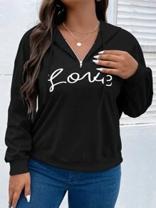 SHEIN LUNE Plus Size Letter Graphic Drawstring Sweatshirt - Black - View 3