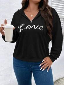 SHEIN LUNE Plus Size Letter Graphic Drawstring Sweatshirt - Black - View 4