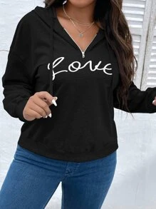 SHEIN LUNE Plus Size Letter Graphic Drawstring Sweatshirt - Black - View 5