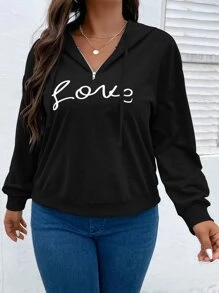 SHEIN LUNE Plus Size Letter Graphic Drawstring Sweatshirt - Black - View 6