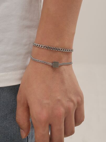 2pcs Men Geometric Decor Bracelet, Stainless Steel Jewelry