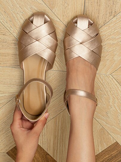 秋冬编织细节踝带平底鞋