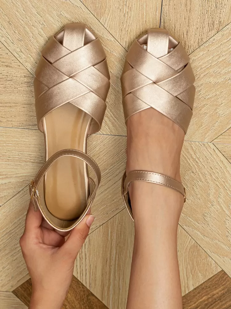 Fall/Winter Braided Detail Ankle Strap Flats - Champagne - View 1