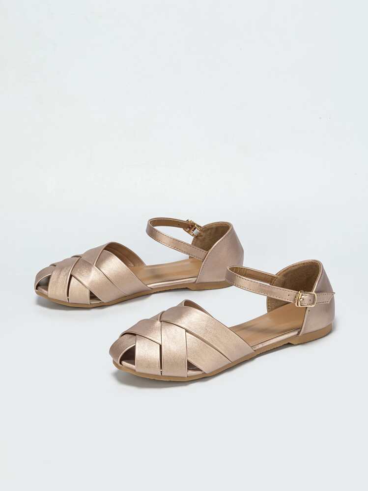 Fall/Winter Braided Detail Ankle Strap Flats - Champagne - View 2