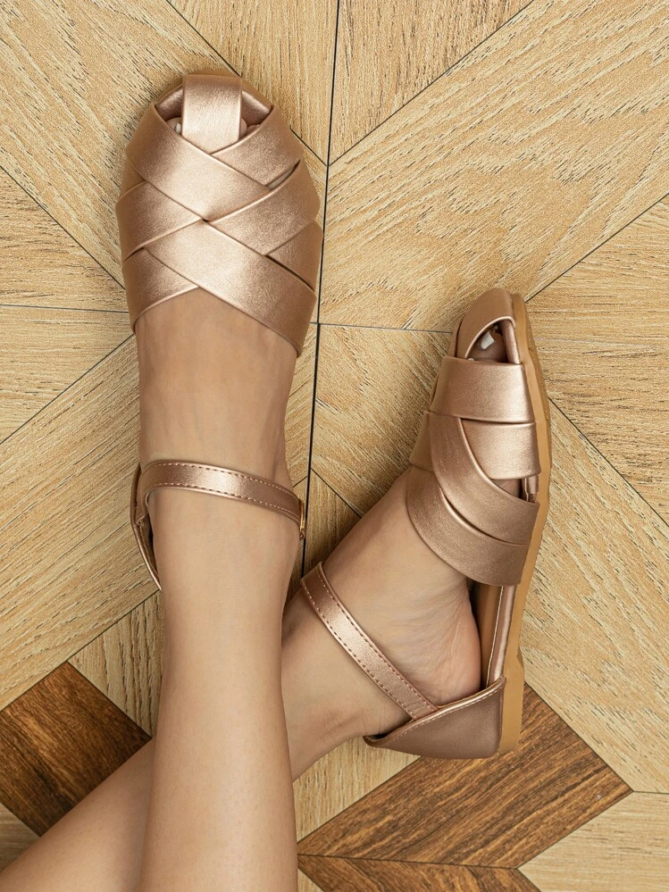 Fall/Winter Braided Detail Ankle Strap Flats - Champagne - View 6