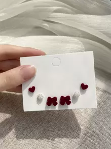 3pairs Heart & Bow Stud Earrings Valentines,Mom,Mother,Mother's Day,Gift