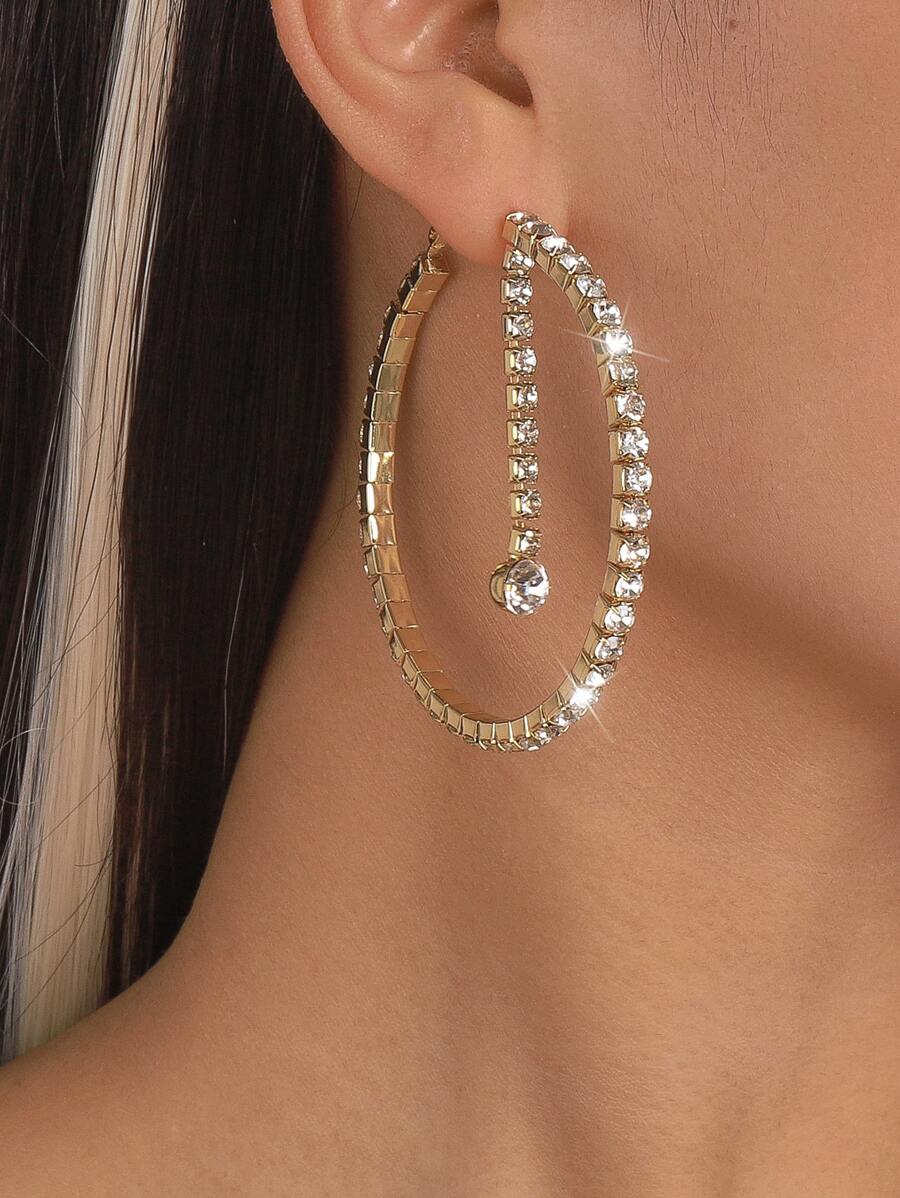 水鑽裝飾圓耳環 - 金黃色 - 查看 1