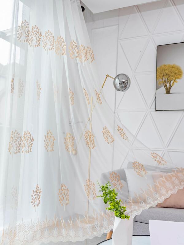 Plant Embroidery Single Panel Sheer Curtain SHEIN USA