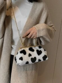 Bolso cuadrado esponjoso, suave y difuso con diseño de corazón de felpa con cierre de beso para niñas, mujeres, estudiantes universitarios, novatos y trabajadores administrativos para el trabajo, la oficina, los desplazamientos, para el otoño y el invierno, el invierno cálido, al aire libre