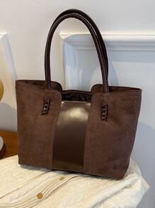 CONTAINEVERY 仿皮简约大容量缝线细节仿麂皮单肩托特包，麂皮包钱包，最新时尚女士麂皮包，完美搭配秋季服装女士秋季服装 - 咖啡棕 - 查看 2