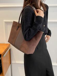 CONTAINEVERY 仿皮简约大容量缝线细节仿麂皮单肩托特包，麂皮包钱包，最新时尚女士麂皮包，完美搭配秋季服装女士秋季服装 - 咖啡棕 - 查看 4