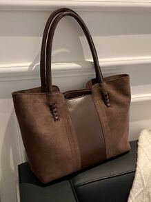 CONTAINEVERY 仿皮简约大容量缝线细节仿麂皮单肩托特包，麂皮包钱包，最新时尚女士麂皮包，完美搭配秋季服装女士秋季服装 - 咖啡棕 - 查看 6