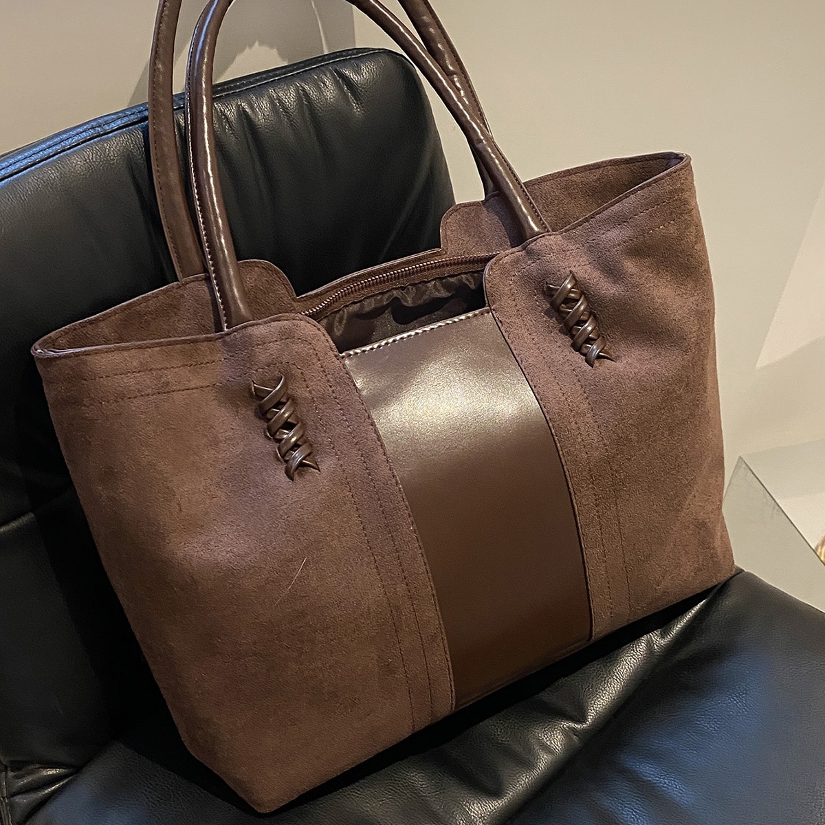 Faux Leather Minimalist Large Capacity Stitch Detail Faux Suede Shoulder Tote Bag, Suede Bag Purse, Newest Fashionable Suede Bag For Women, Perfectly Matching With Fall Outfits Women Fall Clothes For Women